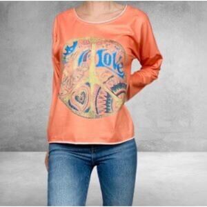 EXCLUSIVE Made With Love Orange Peace Sign Long Sleeve Knit Top XL